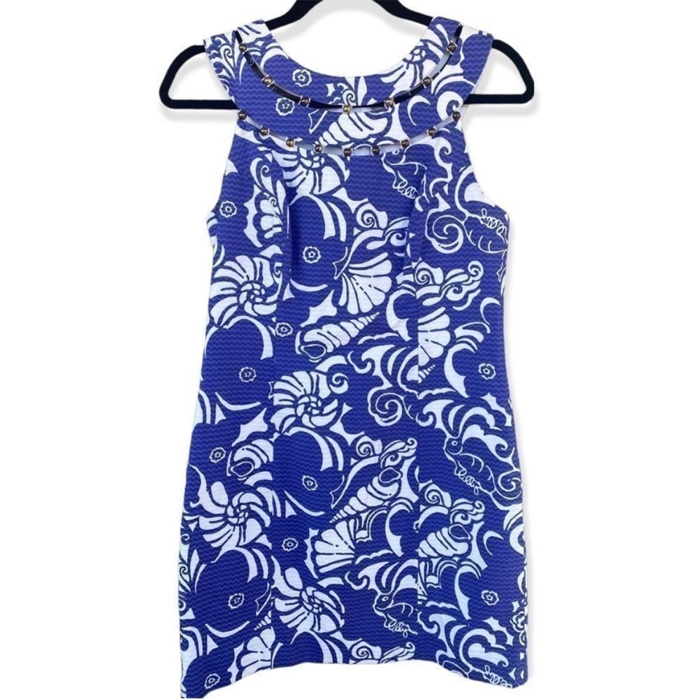 Lilly Pulitzer Lindy Blue Tide Pools Beaded Neck Shift Midi Dress Sz 2